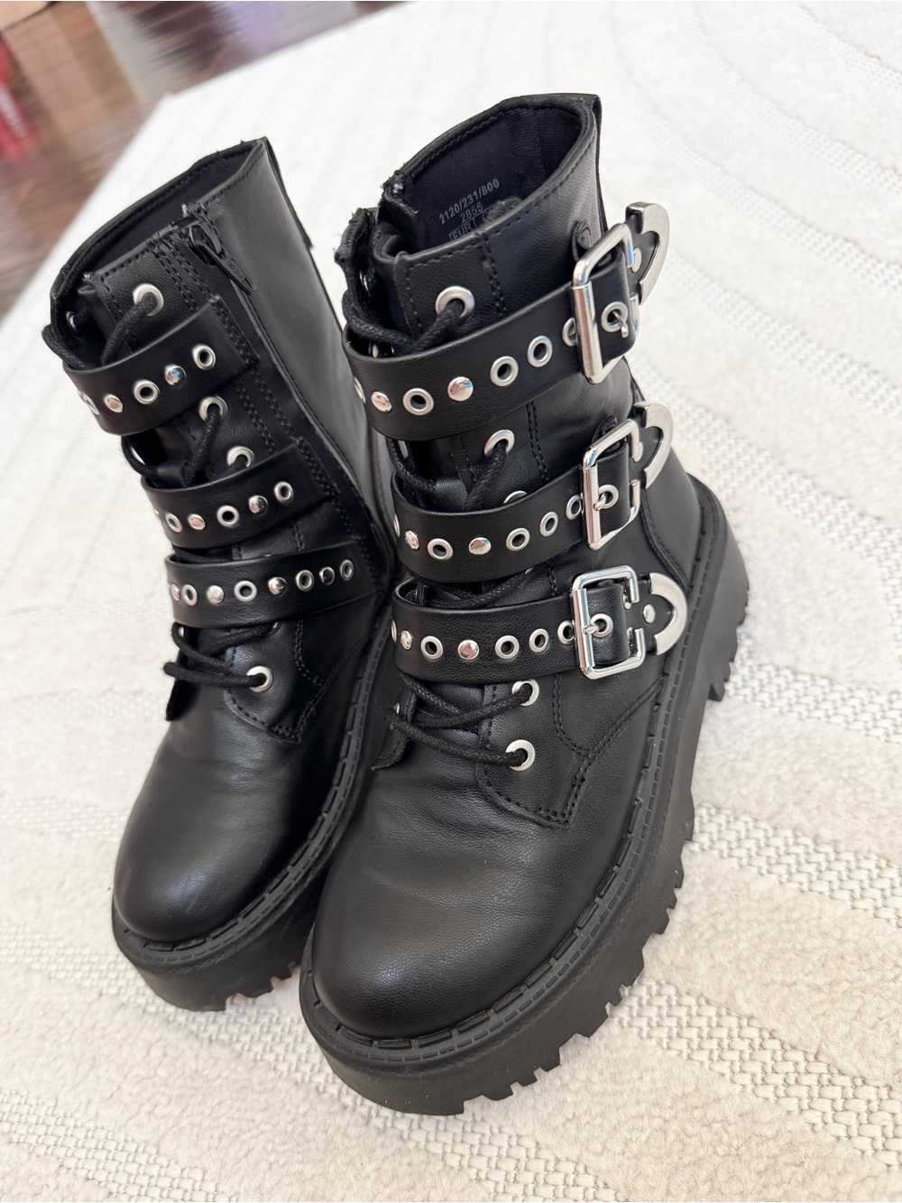 Zara Black Buckle Strap Combat Boots for Kids - Picture 3 of 6